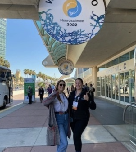 PhD students Samantha K Bartholomew and Savannah Tallino excited to attend their first in-person Society for Neuroscience 2022 meeting in San Diego Ca.